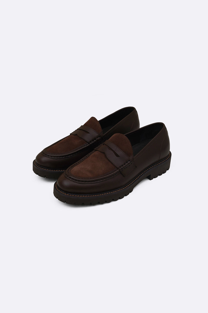 DARK BROWN LEATHER & SUEDE PENNY LOAFERS