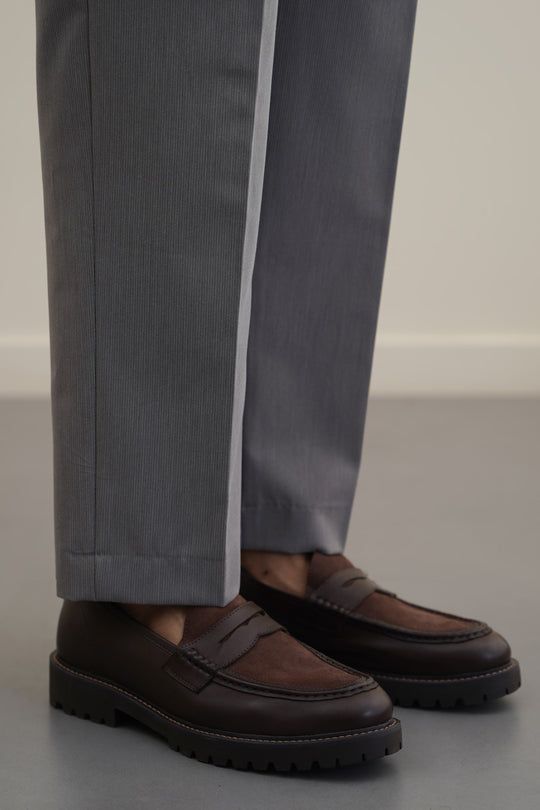 DARK BROWN LEATHER & SUEDE PENNY LOAFERS