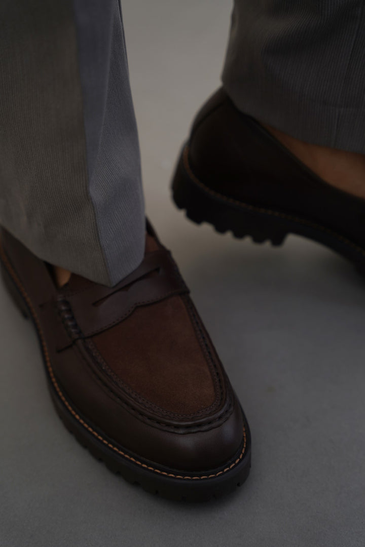 DARK BROWN LEATHER & SUEDE PENNY LOAFERS
