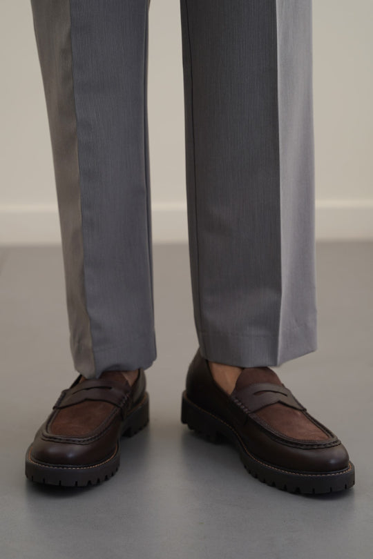 DARK BROWN LEATHER & SUEDE PENNY LOAFERS