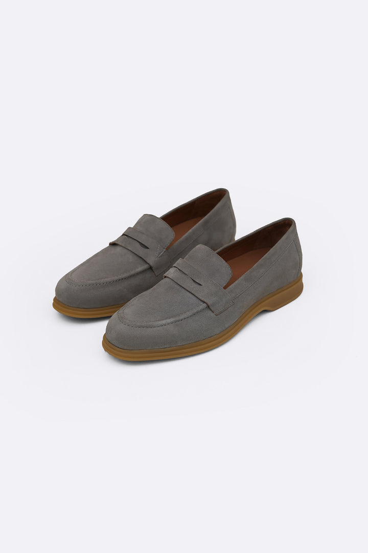 LIGHT GREY GOAT SUEDE PENNY LOAFERS