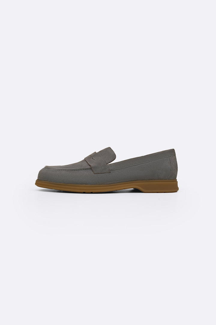LIGHT GREY GOAT SUEDE PENNY LOAFERS