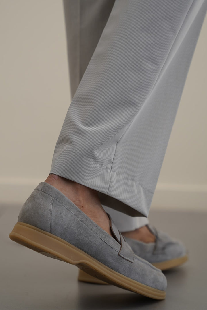 LIGHT GREY GOAT SUEDE PENNY LOAFERS