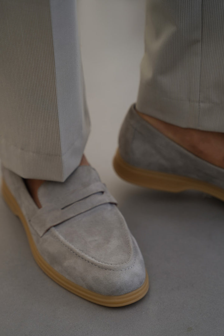 LIGHT GREY GOAT SUEDE PENNY LOAFERS