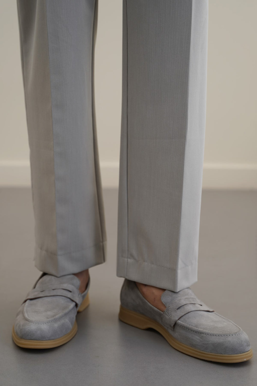 LIGHT GREY GOAT SUEDE PENNY LOAFERS