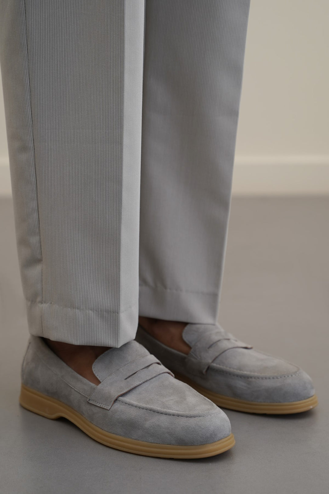 LIGHT GREY GOAT SUEDE PENNY LOAFERS
