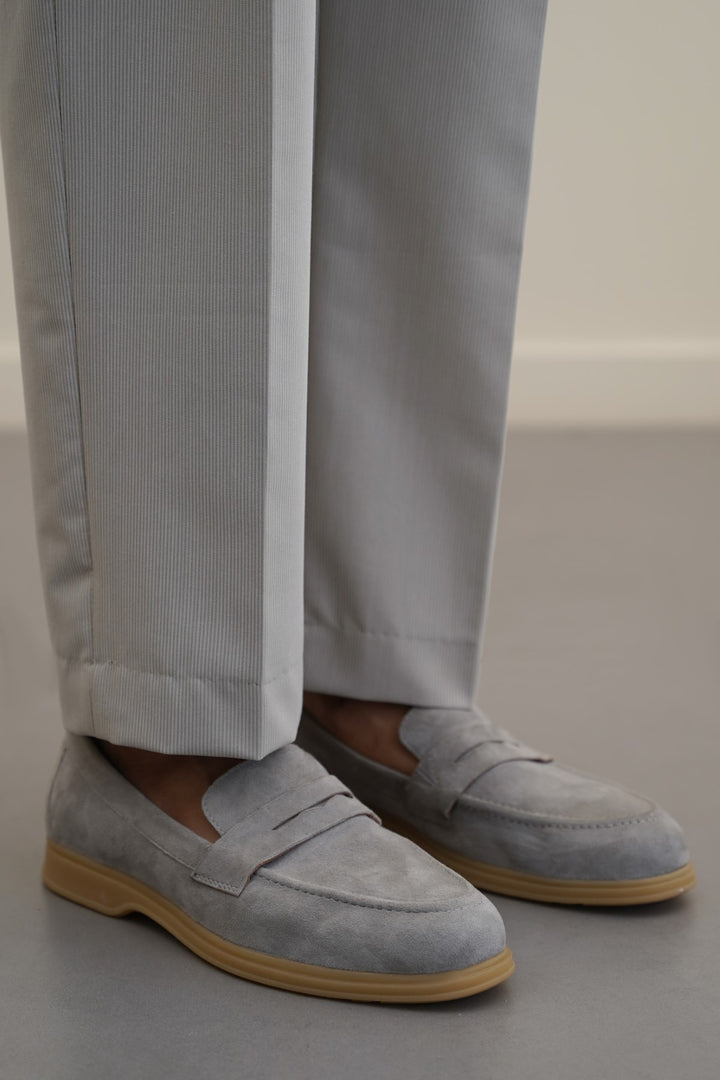 LIGHT GREY GOAT SUEDE PENNY LOAFERS
