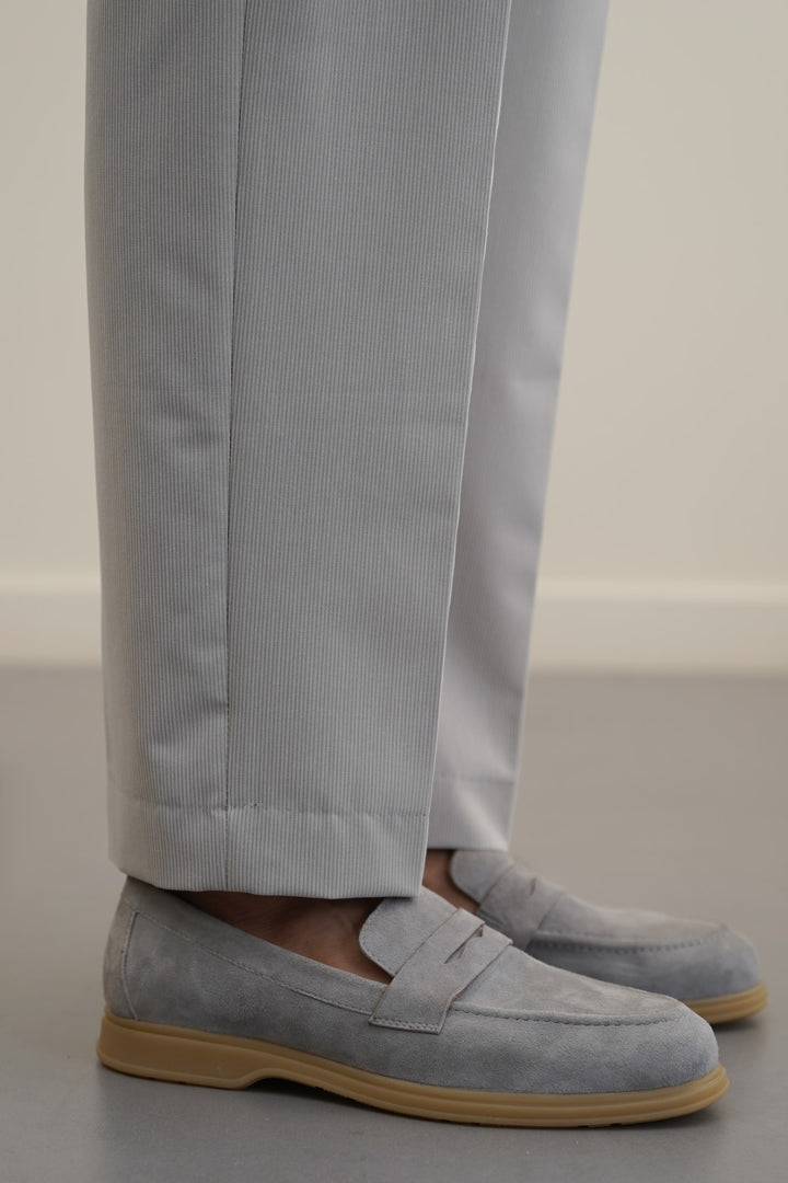LIGHT GREY GOAT SUEDE PENNY LOAFERS