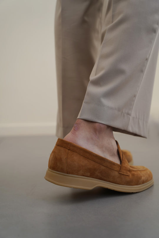 TAUPE GOAT SUEDE PENNY LOAFERS