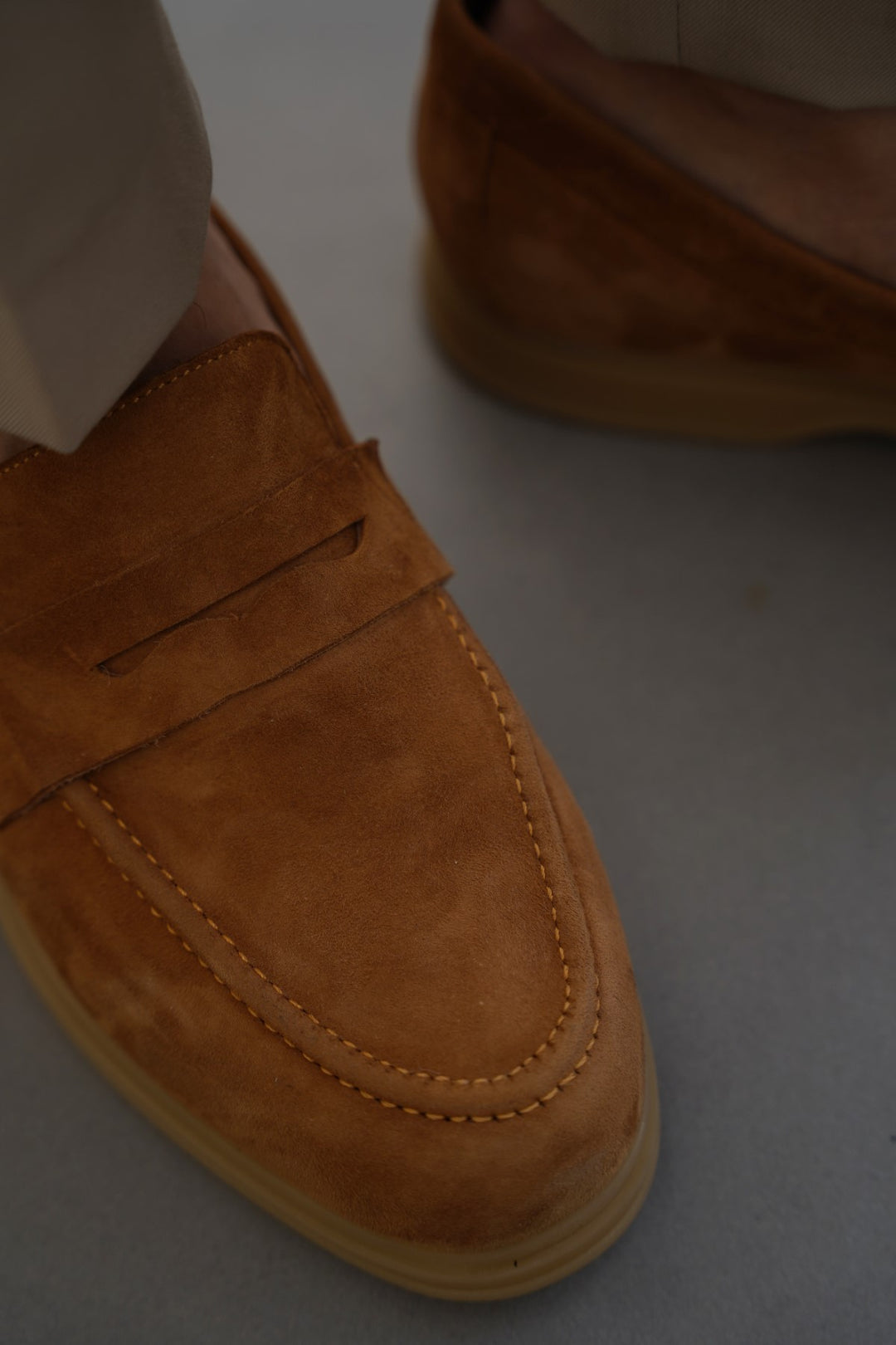 TAUPE GOAT SUEDE PENNY LOAFERS
