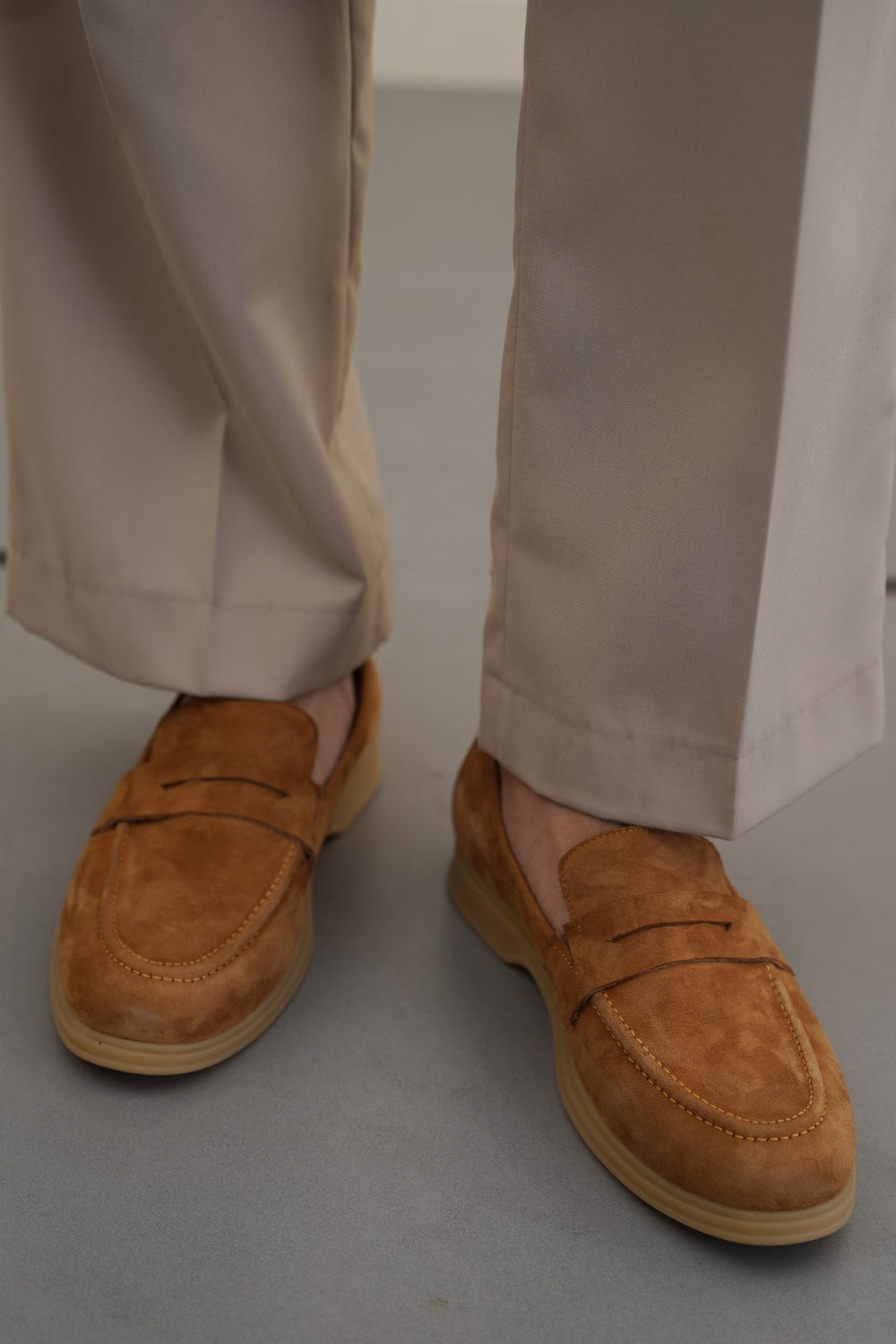 TAUPE GOAT SUEDE PENNY LOAFERS