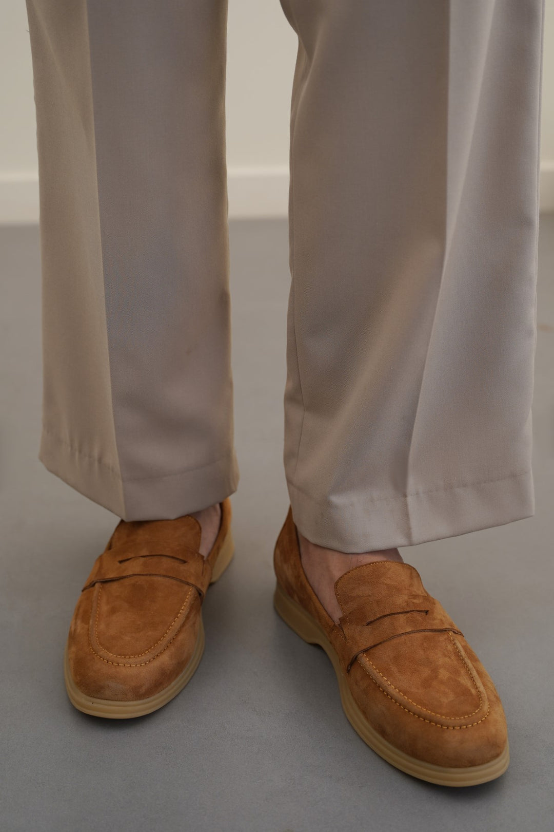 TAUPE GOAT SUEDE PENNY LOAFERS