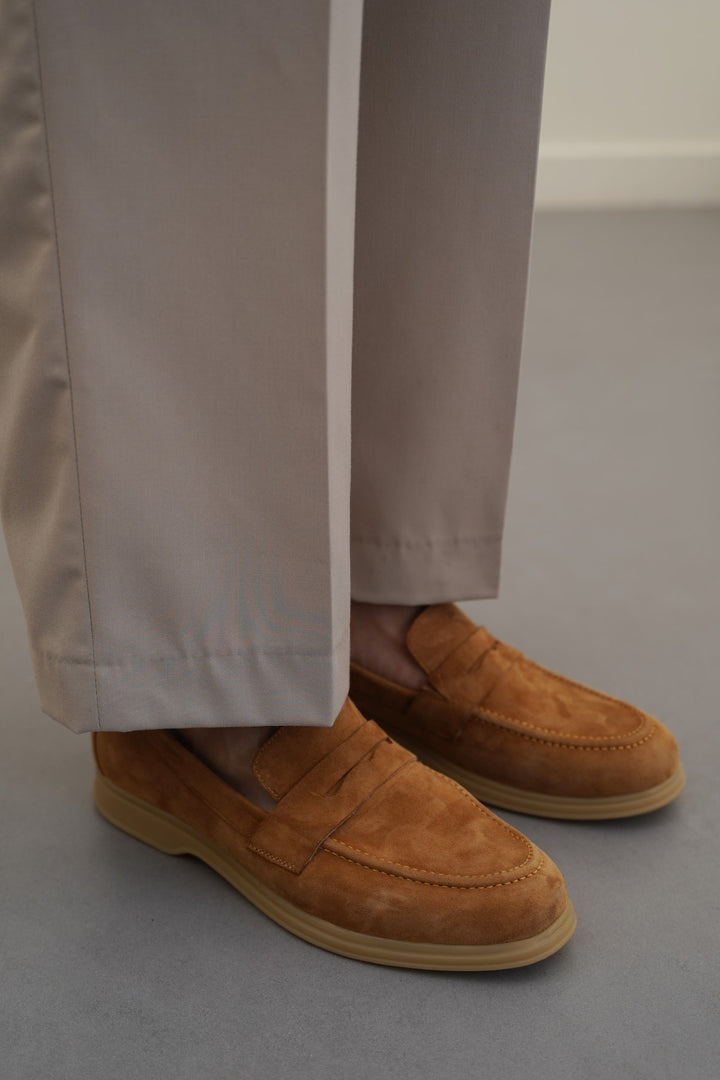 TAUPE GOAT SUEDE PENNY LOAFERS