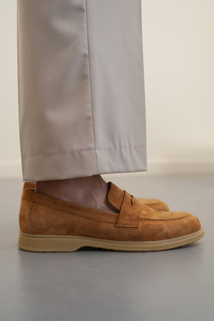 TAUPE GOAT SUEDE PENNY LOAFERS
