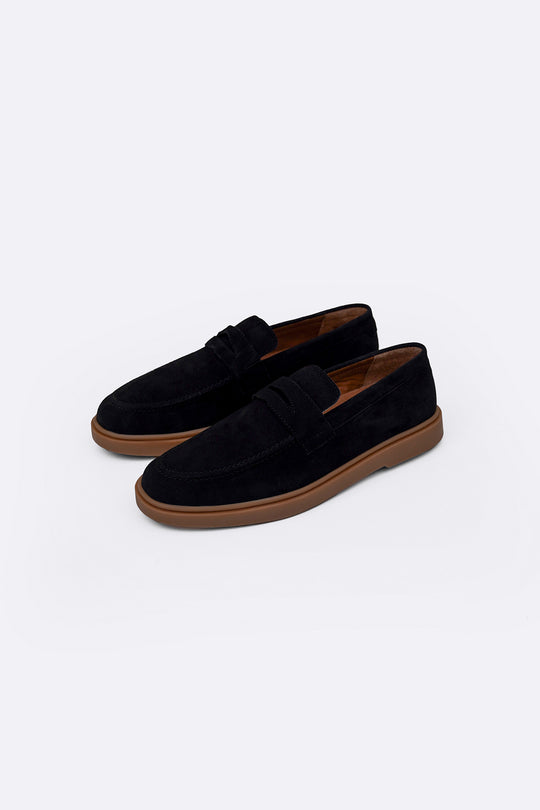 BLACK SUEDE PENNY LOAFERS