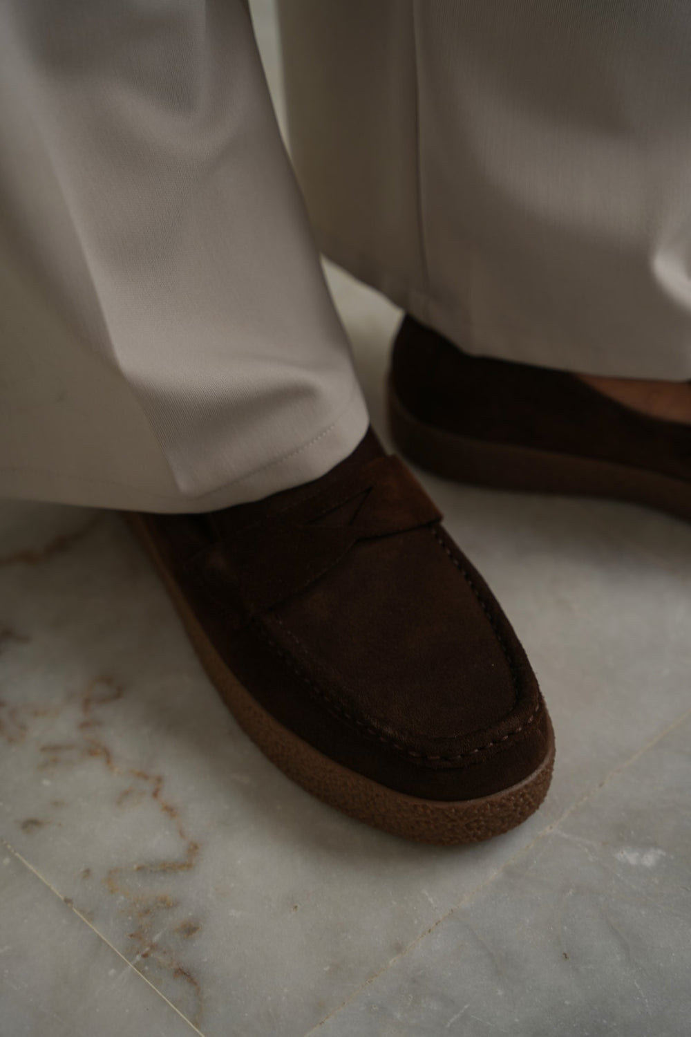 DARK BROWN SUEDE PENNY FLATS