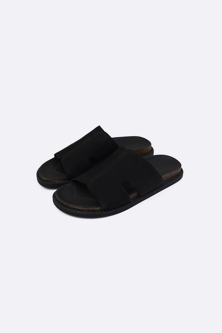 BLACK LEATHER CASUAL SLIDES