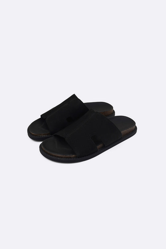 BLACK LEATHER CASUAL SLIDES