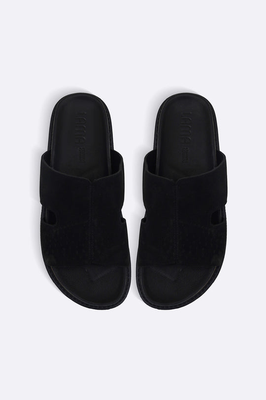 BLACK LEATHER CASUAL SLIDES