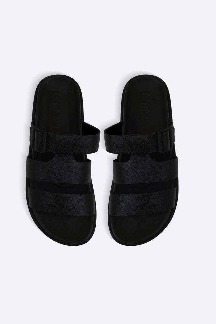 BLACK LEATHER BUCKLE SLIDES