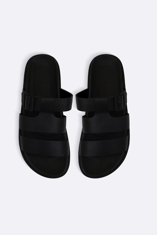 BLACK LEATHER BUCKLE SLIDES