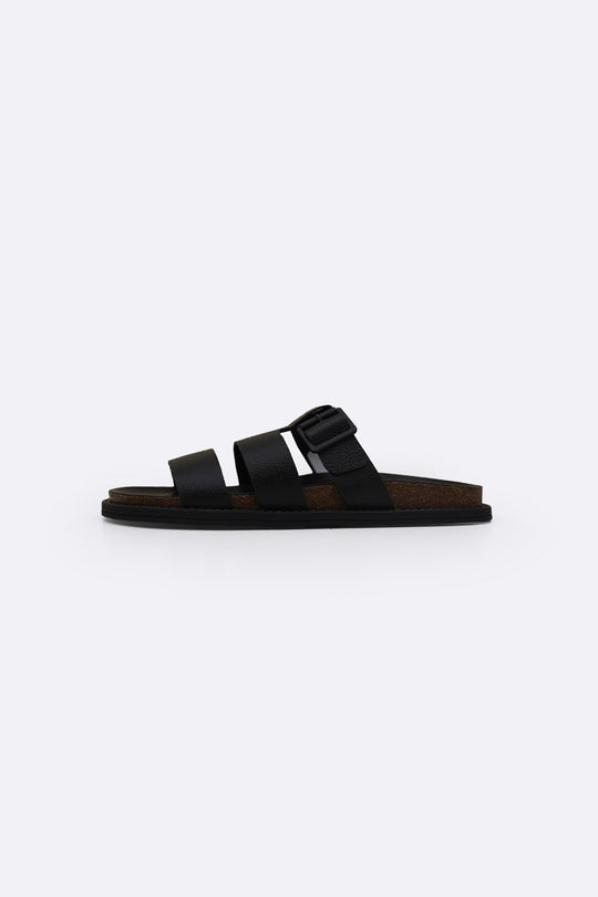 BLACK LEATHER BUCKLE SLIDES