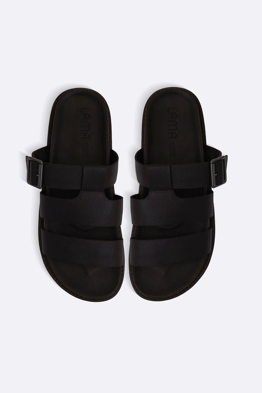 DARK BROWN LEATHER BUCKLE SLIDES