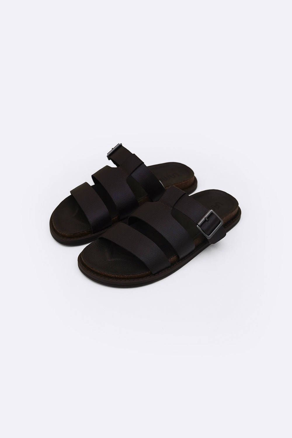 DARK BROWN LEATHER BUCKLE SLIDES