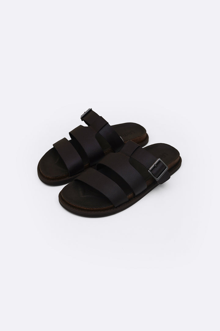DARK BROWN LEATHER BUCKLE SLIDES