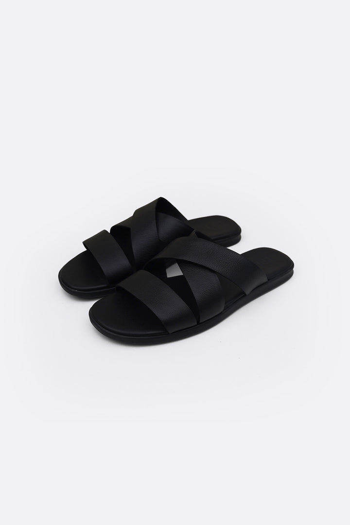BLACK CROSS LEATHER SLIDES