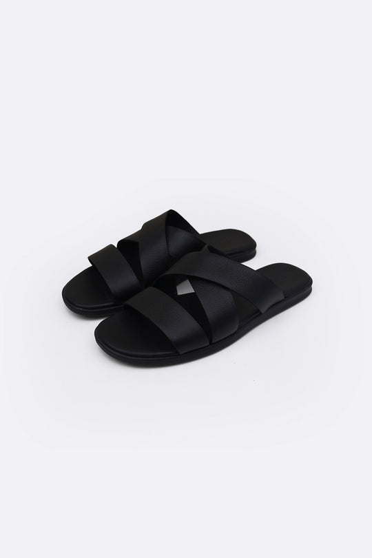 BLACK CROSS LEATHER SLIDES