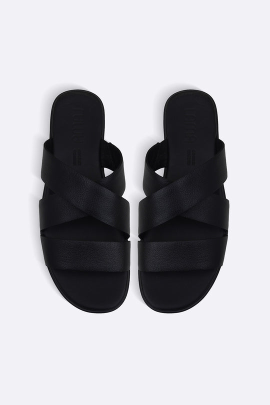 BLACK CROSS LEATHER SLIDES