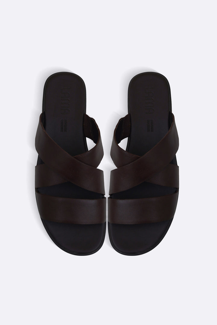 DARK BROWN CROSS LEATHER SLIDES