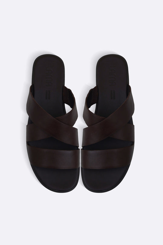 DARK BROWN CROSS LEATHER SLIDES