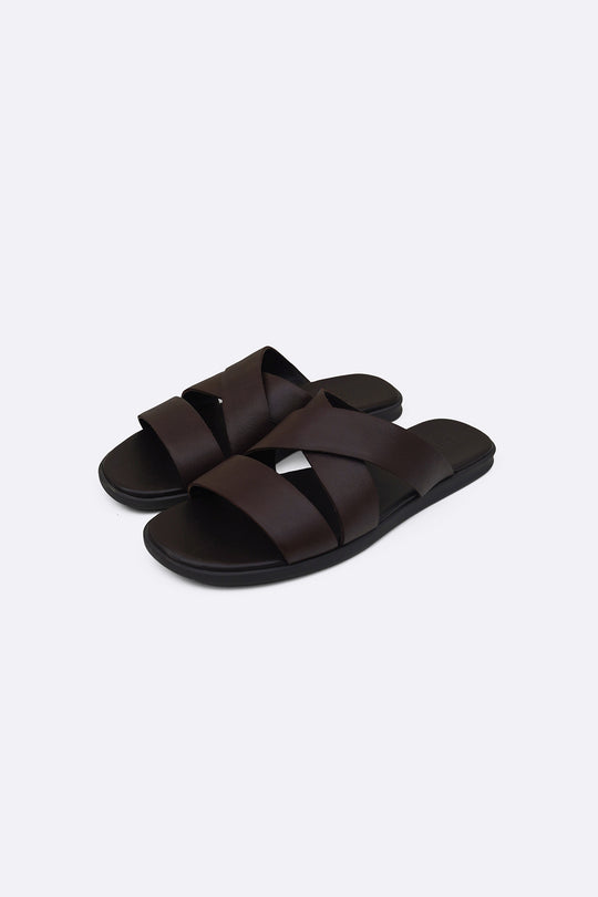 DARK BROWN CROSS LEATHER SLIDES