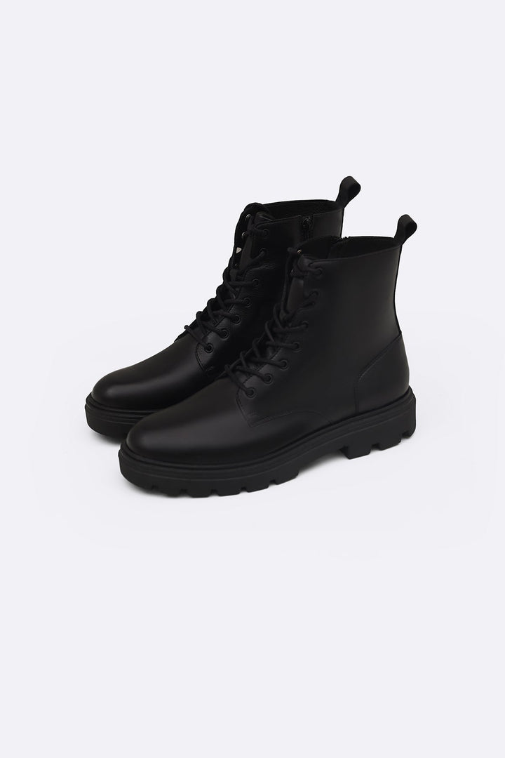 BLACK CHUNKY LEATHER BIKER BOOTS