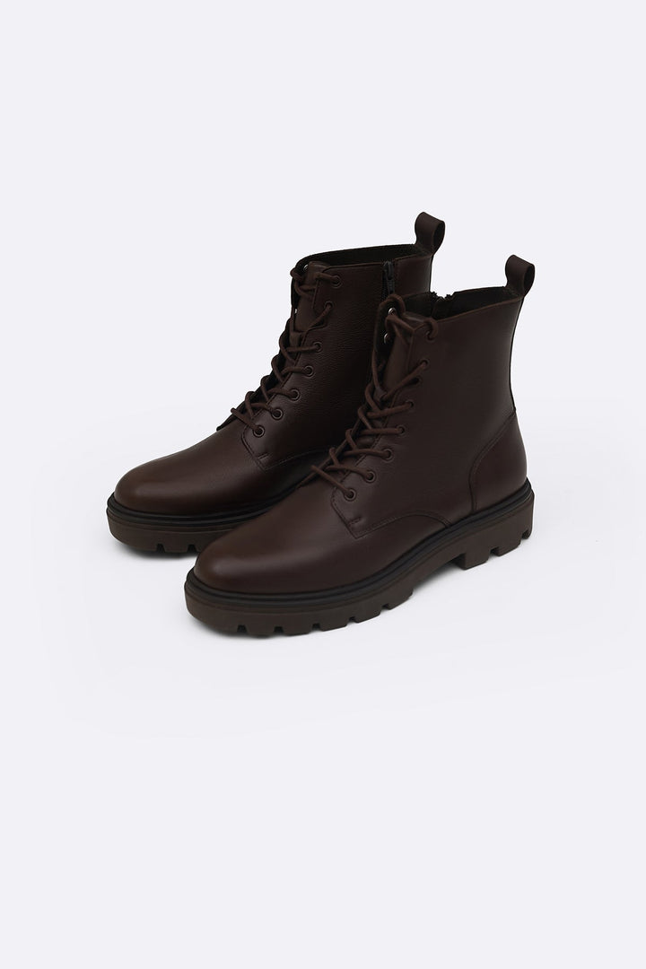 DARK BROWN CHUNKY LEATHER BIKER BOOTS