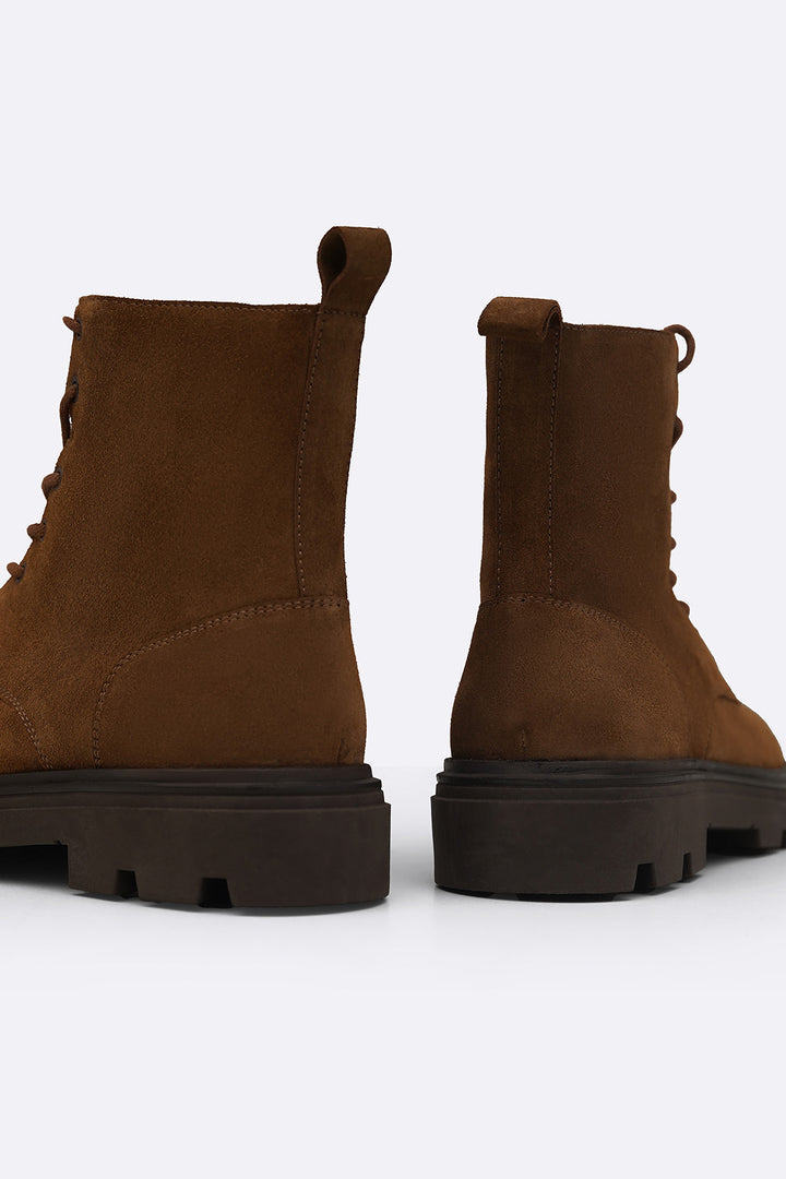 BROWN CHUNKY LEATHER BIKER BOOTS