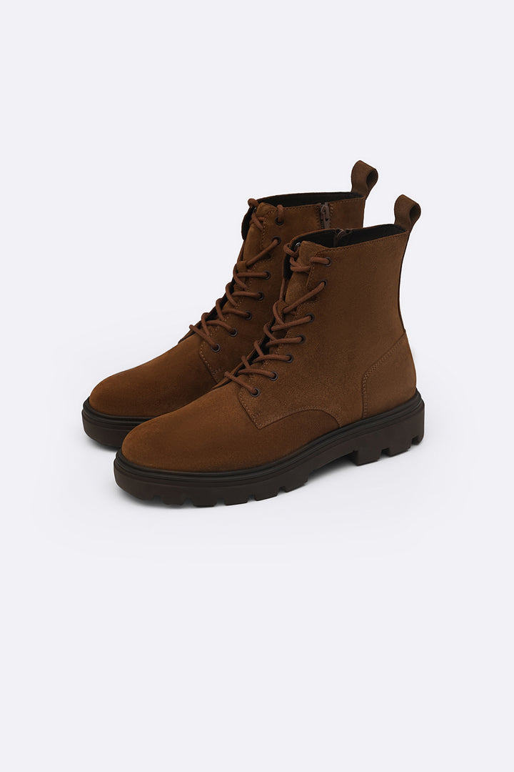 BROWN CHUNKY LEATHER BIKER BOOTS