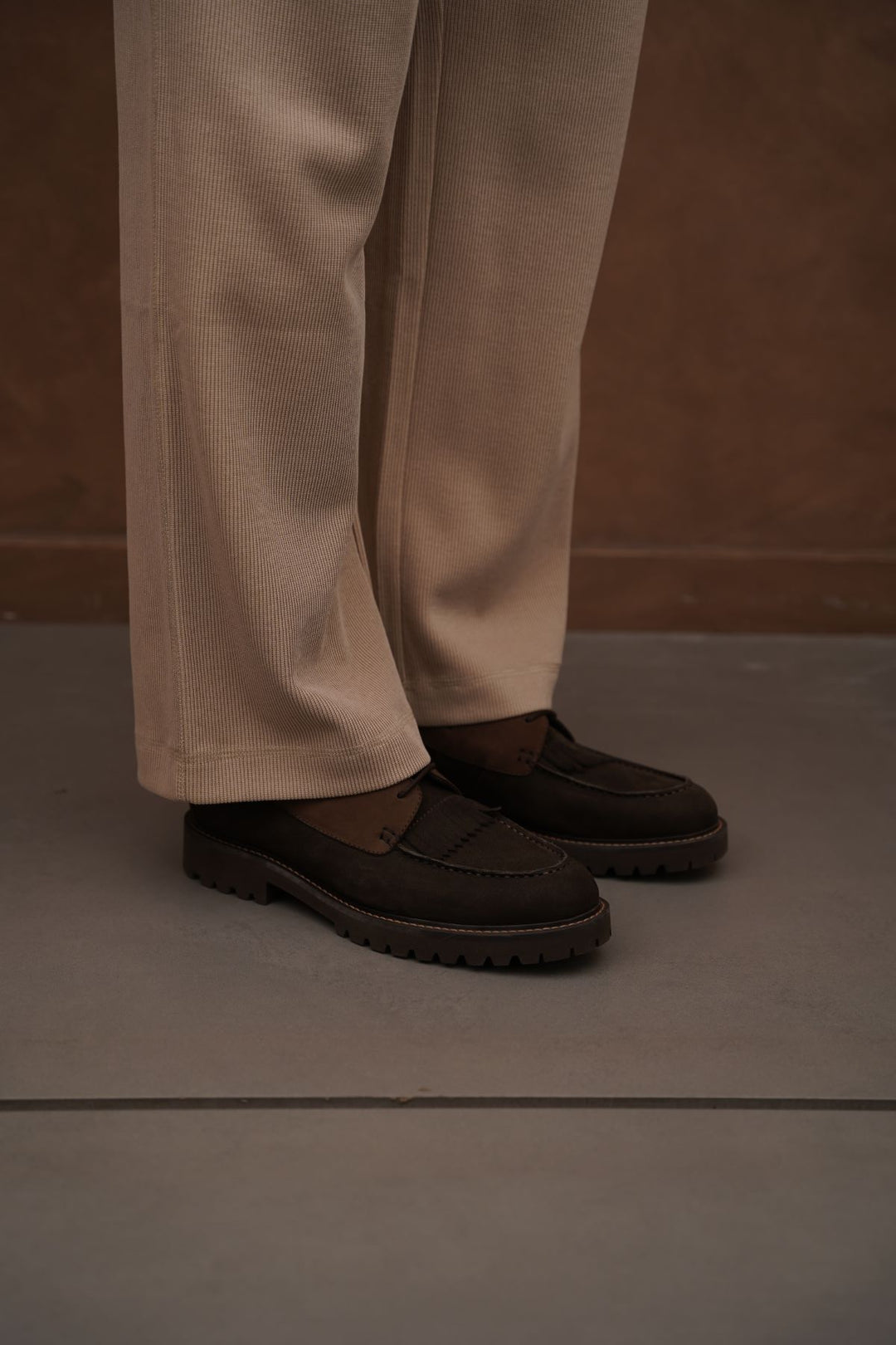 COFFEE LEATHER MOC-TOE SHOES