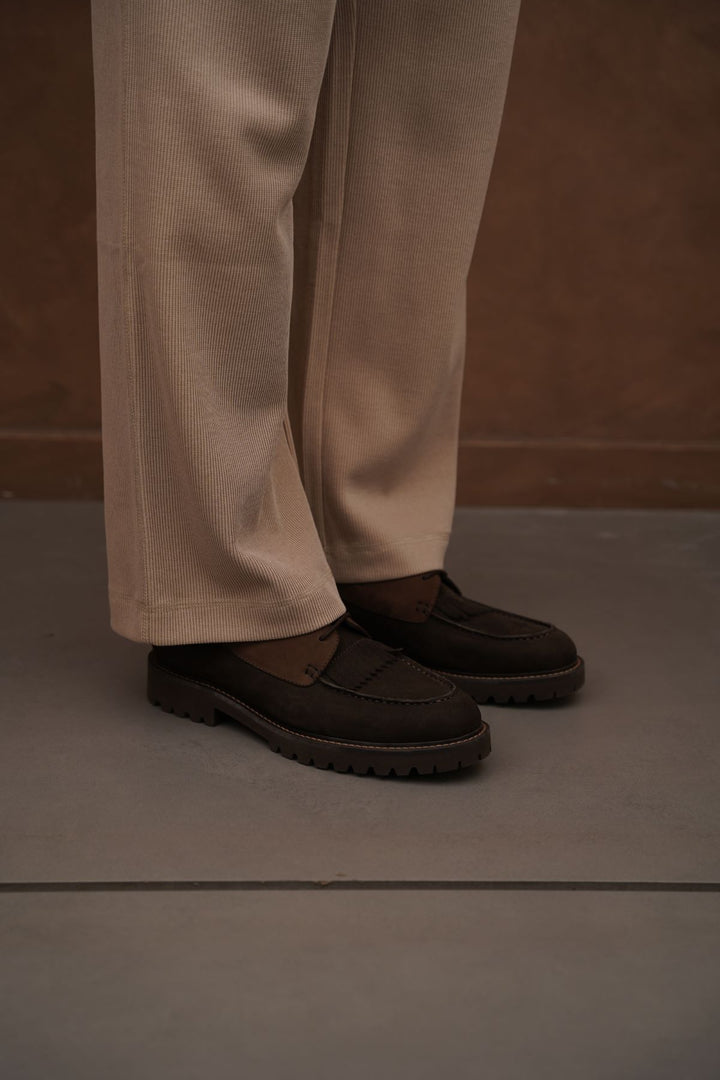 COFFEE LEATHER MOC-TOE SHOES