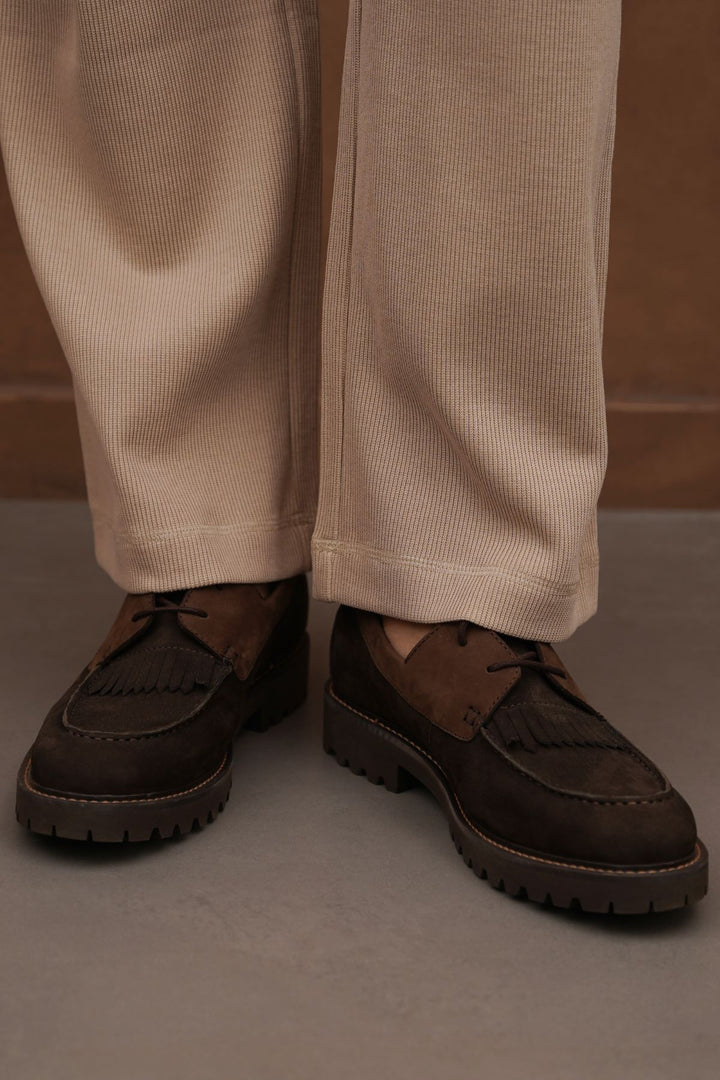 COFFEE LEATHER MOC-TOE SHOES