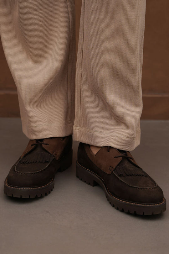 COFFEE LEATHER MOC-TOE SHOES
