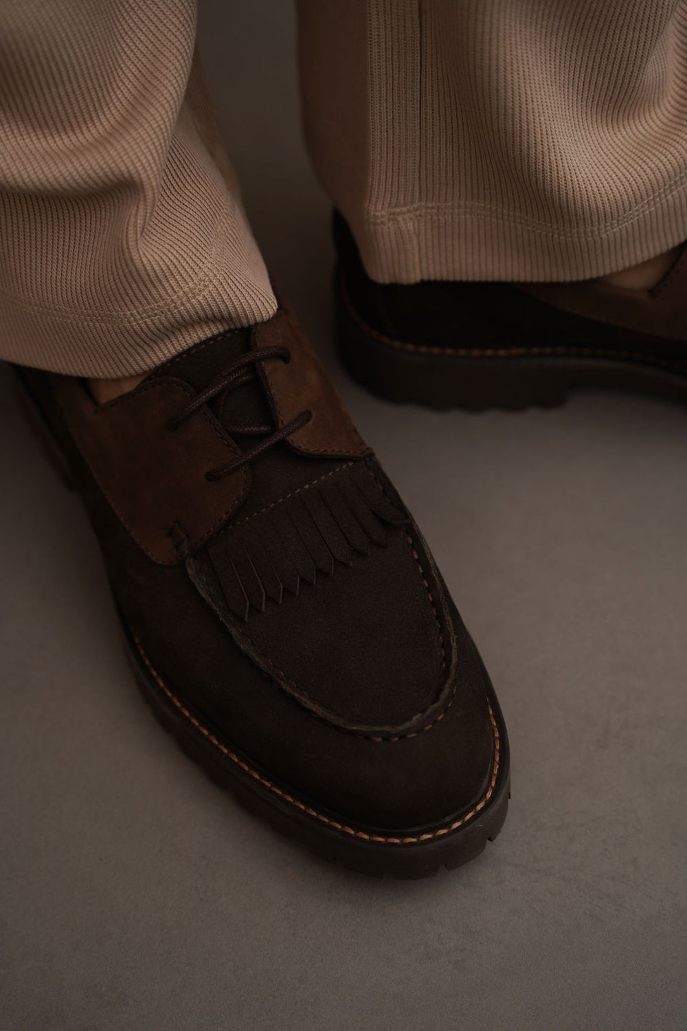 COFFEE LEATHER MOC-TOE SHOES