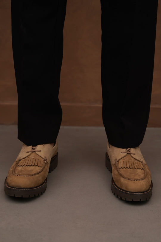 TAUPE LEATHER MOC-TOE SHOES