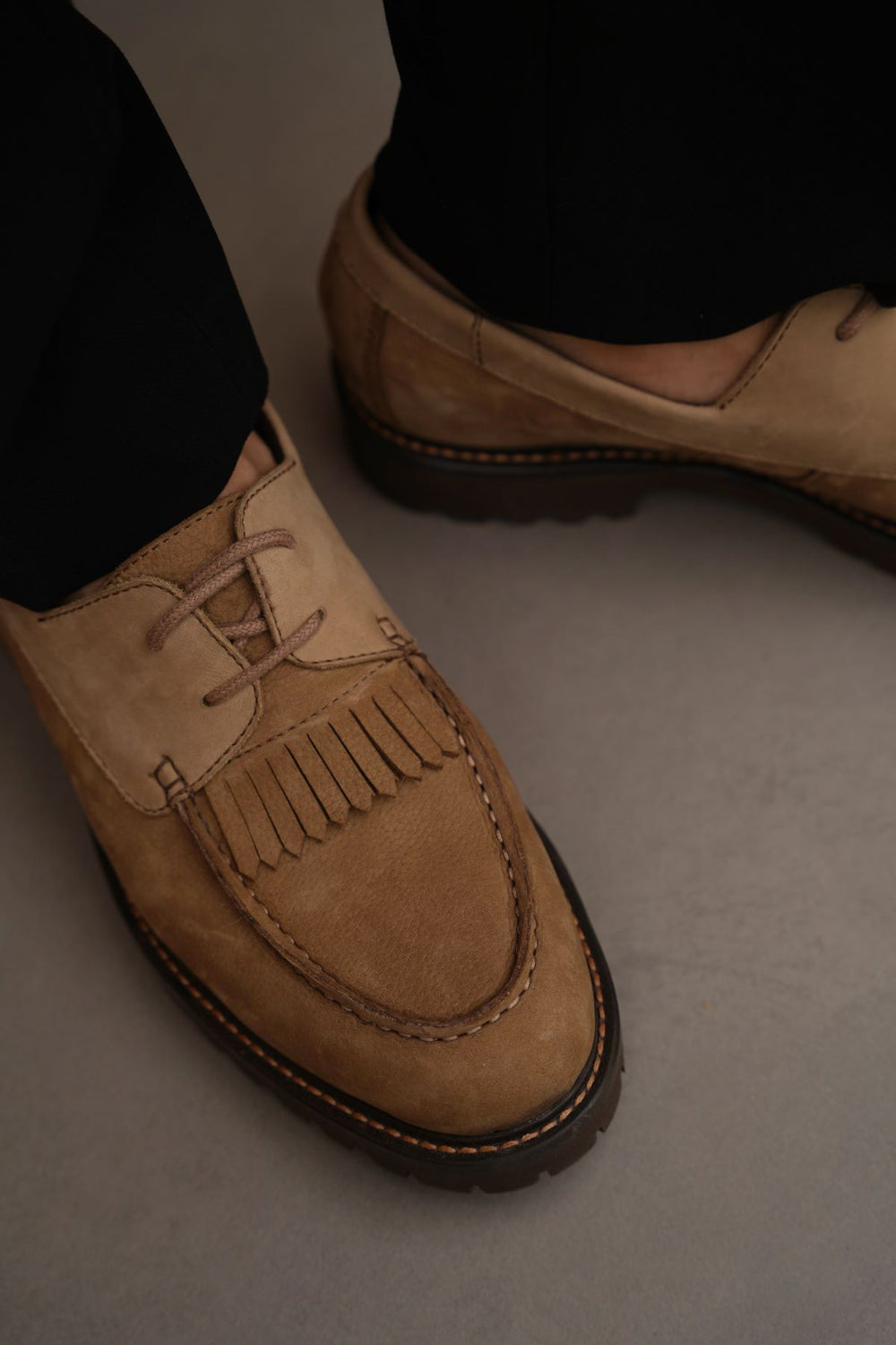 TAUPE LEATHER MOC-TOE SHOES