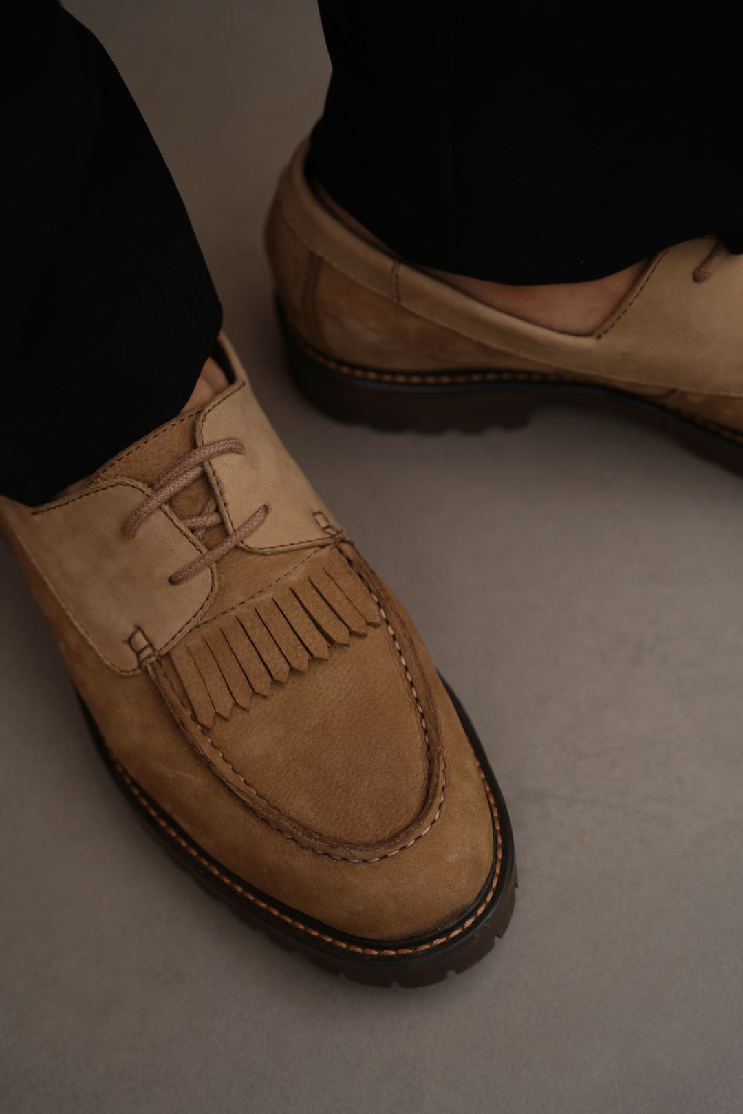 TAUPE LEATHER MOC-TOE SHOES