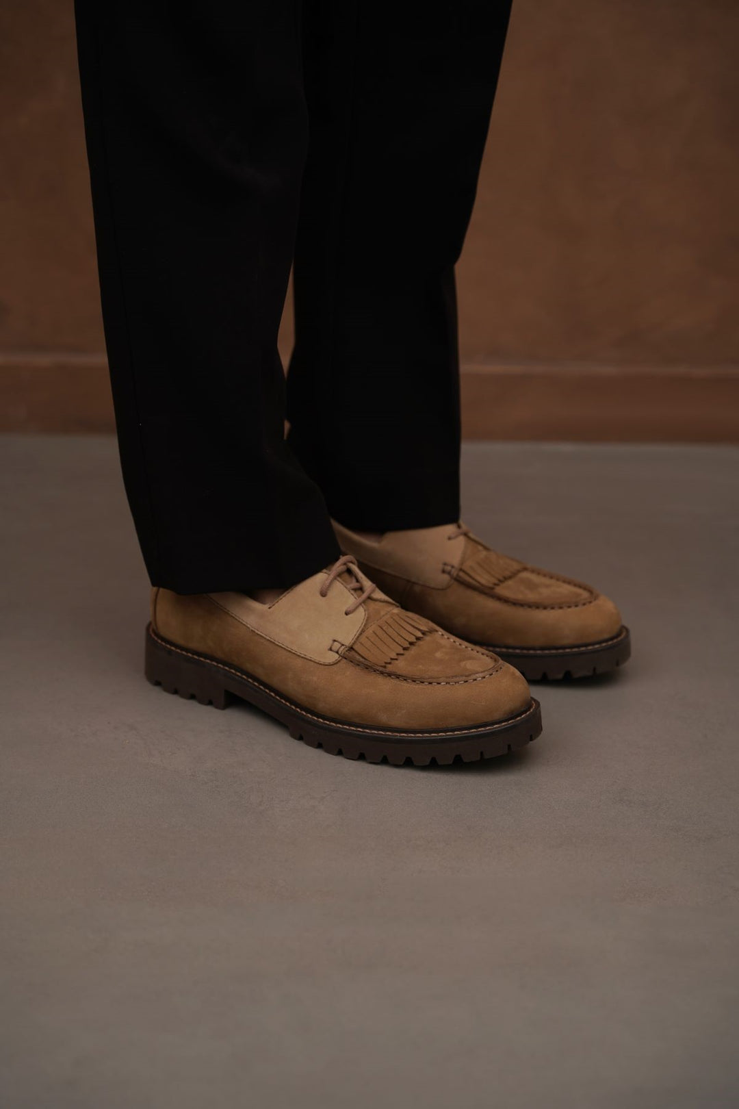 TAUPE LEATHER MOC-TOE SHOES