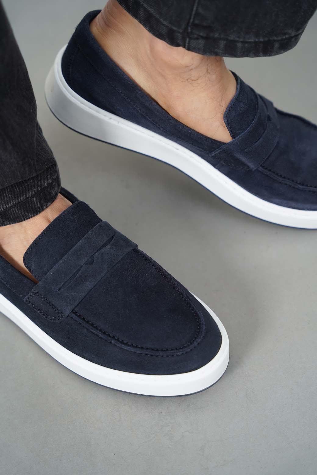 NAVY SUEDE PENNY LOAFERS