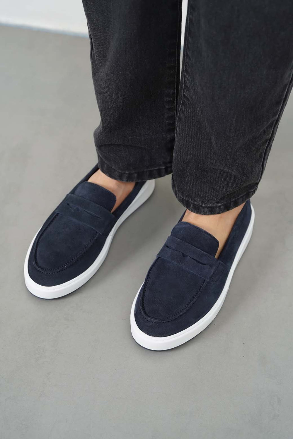 NAVY SUEDE PENNY LOAFERS